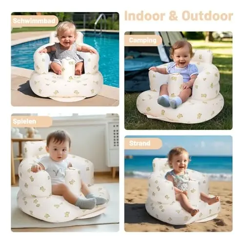 AirSwim Inflatable Baby Seat, Inflatable Baby Chair for Babies 3 Months and Up Summer Baby Inflatable Seat for Sitting Up, Blow Up Baby Floor Seat with Built in Air Pump, Bear - 4
