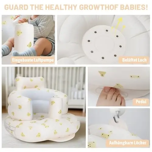 AirSwim Inflatable Baby Seat, Inflatable Baby Chair for Babies 3 Months and Up, Summer Blow Up Chair with Built in Air Pump, Infant Floor Seats for Learning to Sit, Palying, Camping, Bear Head - 3