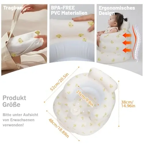 AirSwim Inflatable Baby Seat, Inflatable Baby Chair for Babies 3 Months and Up, Summer Blow Up Chair with Built in Air Pump, Infant Floor Seats for Learning to Sit, Palying, Camping, Bear Head - 5