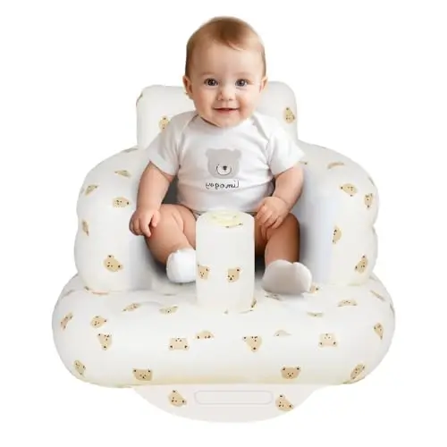 AirSwim Inflatable Baby Seat, Inflatable Baby Chair for Babies 3 Months and Up, Summer Blow Up Chair with Built in Air Pump, Infant Floor Seats for Learning to Sit, Palying, Camping, Bear Head - 1
