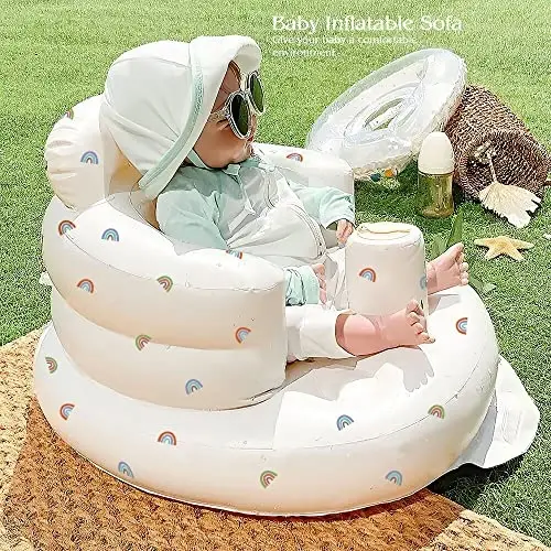 AirSwim Inflatable Baby Chair, Baby Inflatable Seat for Babies 3 Months and Up Summer Inflatable Baby Seat for Sitting Up, Blow Up Baby Floor Seat with Built in Air Pump, Rainbow - 2