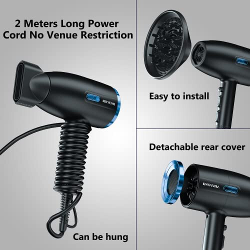 AIRYOMI Hair Dryer, 1875W Blow Dryer with Diffuser, Powerful Fast Dry Ionic Hair Dryer, Portable Hair Dryer, 3 Temps 2 Speed and Cold Settings, Black - 6