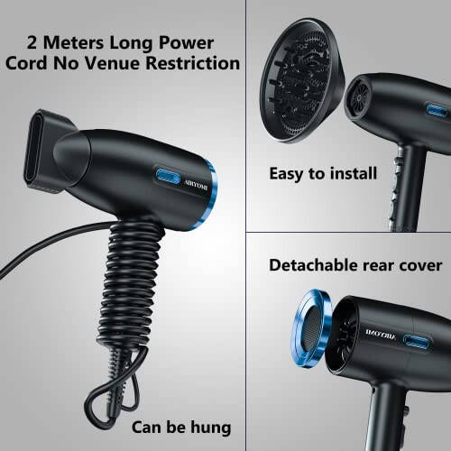 AIRYOMI Hair Dryer, 1875W Blow Dryer with Diffuser, Powerful Fast Dry Ionic Hair Dryer, Portable Hair Dryer, 3 Temps 2 Speed and Cold Settings, Black - 6