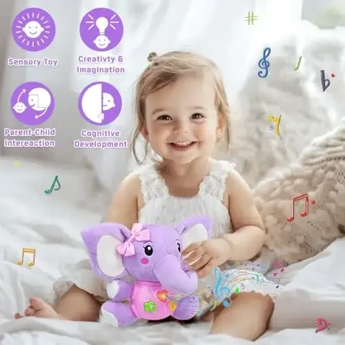 Aitbay Plush Elephant Music Baby Toys 0 3 6 9 12 Months, Cute Stuffed Aminal Light Up Baby Toys Newborn Baby Musical Toys for Infant Babies Boys & Girls Toddlers 0 to 36 Months (Purple) - 6