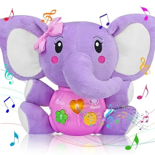 Aitbay Plush Elephant Music Baby Toys 0 3 6 9 12 Months, Cute Stuffed Aminal Light Up Baby Toys Newborn Baby Musical Toys for Infant Babies Boys & Girls Toddlers 0 to 36 Months (Purple) 