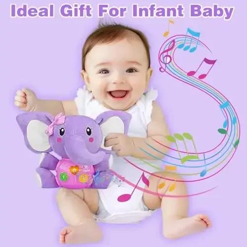 Aitbay Plush Elephant Music Baby Toys 0 3 6 9 12 Months, Cute Stuffed Aminal Light Up Baby Toys Newborn Baby Musical Toys for Infant Babies Boys & Girls Toddlers 0 to 36 Months (Purple) - 2