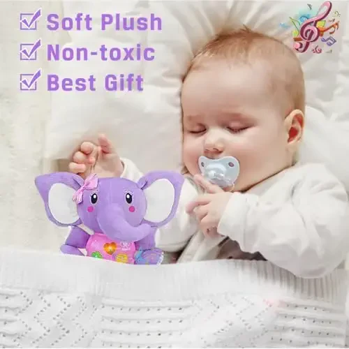 Aitbay Plush Elephant Music Baby Toys 0 3 6 9 12 Months, Cute Stuffed Aminal Light Up Baby Toys Newborn Baby Musical Toys for Infant Babies Boys & Girls Toddlers 0 to 36 Months (Purple) - 5