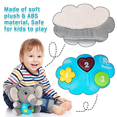 Aitbay Plush Elephant Music Baby Toys 0 3 6 9 12 Months, Cute Stuffed Animal Light Up Baby Toys Newborn Baby Musical Toys for Infant Babies Boys & Girls Toddlers 0 to 36 Months (Gray) - 3