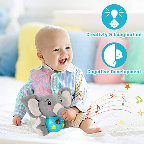 Aitbay Plush Elephant Music Baby Toys 0 3 6 9 12 Oy, Yoqimli Stuffed Animal Light Up Baby Toys Yangi tug'ilgan chaqaloq Musiqa o'yinchoqlari Chaqaloq o'g'il va qiz bolalar uchun 0 dan 36 oygacha (Kulrang) - 2