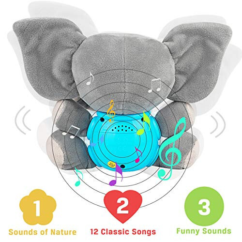 Aitbay Plush Elephant Music Baby Toys 0 3 6 9 12 Oy, Yoqimli Stuffed Animal Light Up Baby Toys Yangi tug'ilgan chaqaloq Musiqa o'yinchoqlari Chaqaloq o'g'il va qiz bolalar uchun 0 dan 36 oygacha (Kulrang) - 5