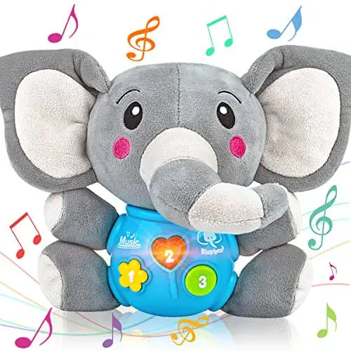 Aitbay Plush Elephant Music Baby Toys 0 3 6 9 12 Oy, Yoqimli Stuffed Animal Light Up Baby Toys Yangi tug'ilgan chaqaloq Musiqa o'yinchoqlari Chaqaloq o'g'il va qiz bolalar uchun 0 dan 36 oygacha (Kulrang) - 1