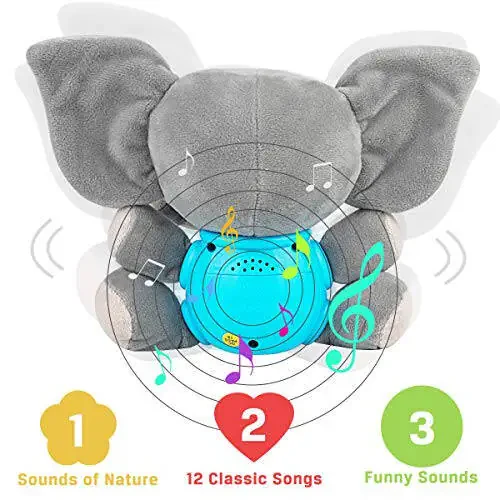 Aitbay Plush Elephant Music Baby Toys 0 3 6 9 12 Oy, Yoqimli Stuffed Animal Light Up Baby Toys Yangi tug'ilgan chaqaloq Musiqa o'yinchoqlari Chaqaloq o'g'il va qiz bolalar uchun 0 dan 36 oygacha (Kulrang) - 5