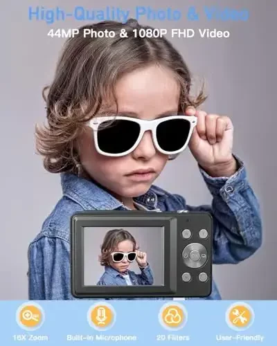 AiTechny bolalar uchun raqamli kamera, 1080P FHD 44MP suratga olish uchun raqamli kamera, 32GB kartali, 16X zum, bolalar o'smirlar uchun ixcham kamera sovg'alari (qora) - 2