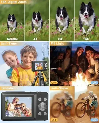 AiTechny bolalar uchun raqamli kamera, 1080P FHD 44MP suratga olish uchun raqamli kamera, 32GB kartali, 16X zum, bolalar o'smirlar uchun ixcham kamera sovg'alari (qora) - 3