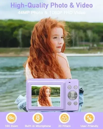 AiTechny Цифровой фотоаппарат, FHD 1080P Детская камера, 44MP Компактные фотоаппараты для фотосъемки с картой 32 ГБ, 16-кратный зум, Ремешок, Портативная мини-камера для детей, подростков, начинающих (фиолетовый) - AiTechny (1)
