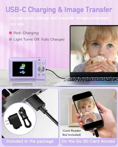 AiTechny Цифровой фотоаппарат, FHD 1080P Детская камера, 44MP Компактные фотоаппараты для фотосъемки с картой 32 ГБ, 16-кратный зум, Ремешок, Портативная мини-камера для детей, подростков, начинающих (фиолетовый) - 3