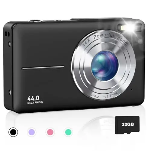 AiTechny Цифровой фотоаппарат, FHD 1080P Детская камера, 44MP Компактные фотоаппараты для фотосъемки с картой 32 ГБ, 16-кратный зум, Ремешок, Портативная мини-камера для детей, подростков, начинающих (фиолетовый) - 1