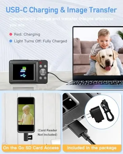 AiTechny Цифровой фотоаппарат, FHD 1080P Детская камера, 44MP Компактные фотоаппараты для фотосъемки с картой 32 ГБ, 16-кратный зум, Ремешок, Портативная мини-камера для детей, подростков, начинающих (фиолетовый) - 4