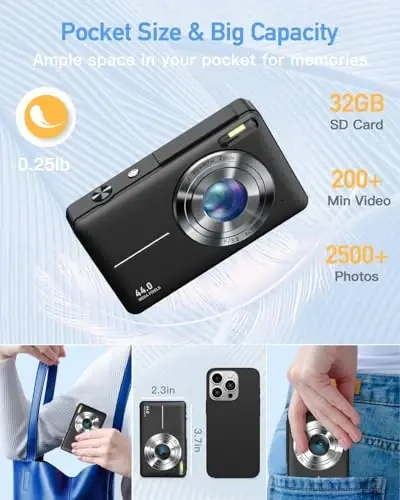 AiTechny Цифровой фотоаппарат, FHD 1080P Детская камера, 44MP Компактные фотоаппараты для фотосъемки с картой 32 ГБ, 16-кратный зум, Ремешок, Портативная мини-камера для детей, подростков, начинающих (фиолетовый) - 5