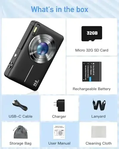 AiTechny Digital Camera for Kids, 1080P FHD 44MP Point and Shoot Digital Camera for Pictures with 32GB Card, 16X Zoom, Compact Camera Gifts for Kids Teens Boys Girls(Black) - 7