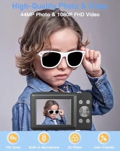 AiTechny Digital Camera for Kids, 1080P FHD 44MP Point and Shoot Digital Camera for Pictures with 32GB Card, 16X Zoom, Compact Camera Gifts for Kids Teens Boys Girls(Black) - 2