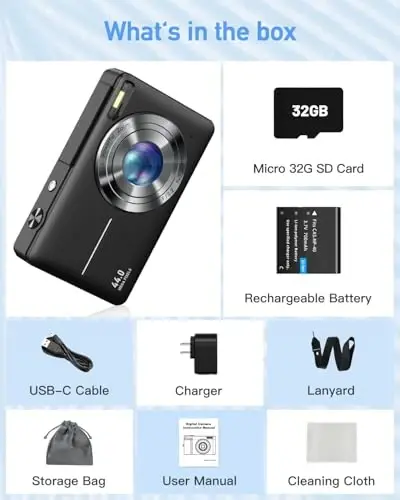 AiTechny Digital Camera for Kids, 1080P FHD 44MP Point and Shoot Digital Camera for Pictures with 32GB Card, 16X Zoom, Compact Camera Gifts for Kids Teens Boys Girls(Black) - 7