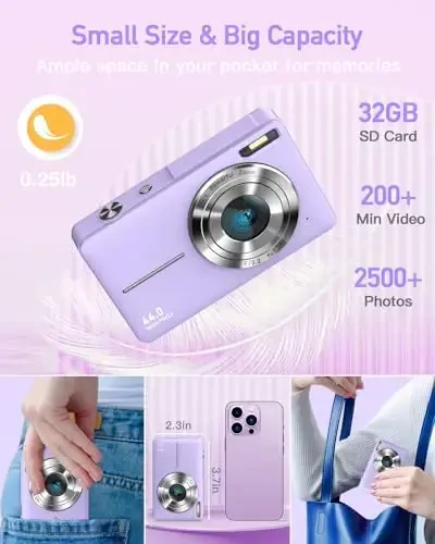 AiTechny Digital Camera, FHD 1080P Kids Camera, 44MP Point and Shoot Cameras for Pictures with 32GB Card, 16X Zoom, Lanyard, Portable Travel Mini Camera for Kids Teens Beginner(Purple) - 5