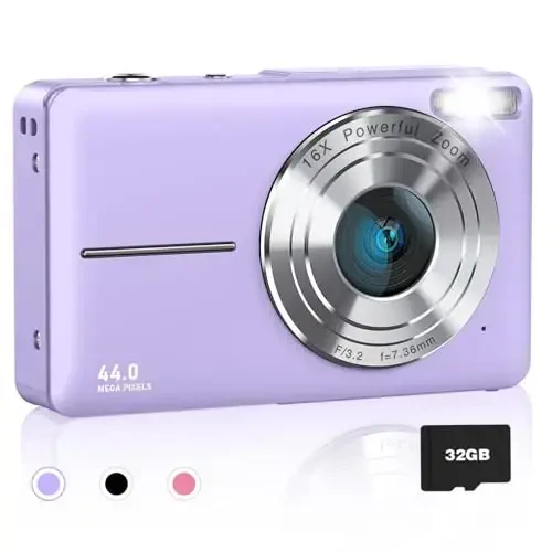 AiTechny Digital Camera, FHD 1080P Kids Camera, 44MP Point and Shoot Cameras for Pictures with 32GB Card, 16X Zoom, Lanyard, Portable Travel Mini Camera for Kids Teens Beginner(Purple) - 1