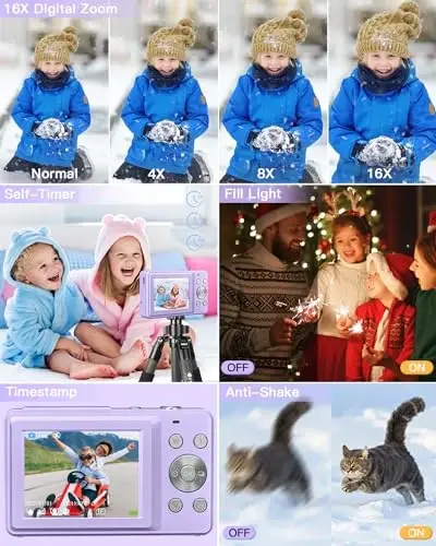 AiTechny Digital Camera, FHD 1080P Kids Camera, 44MP Point and Shoot Cameras for Pictures with 32GB Card, 16X Zoom, Lanyard, Portable Travel Mini Camera for Kids Teens Beginner(Purple) - 4