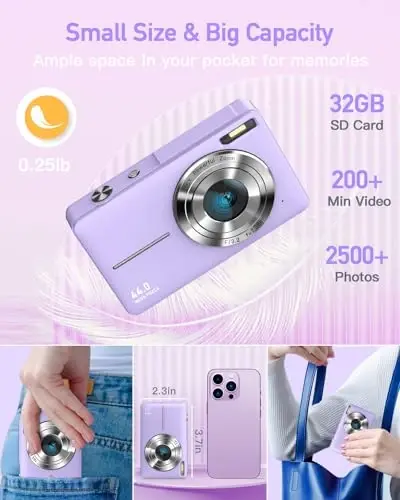 AiTechny Digital Camera, FHD 1080P Kids Camera, 44MP Point and Shoot Cameras for Pictures with 32GB Card, 16X Zoom, Lanyard, Portable Travel Mini Camera for Kids Teens Beginner(Purple) - 5