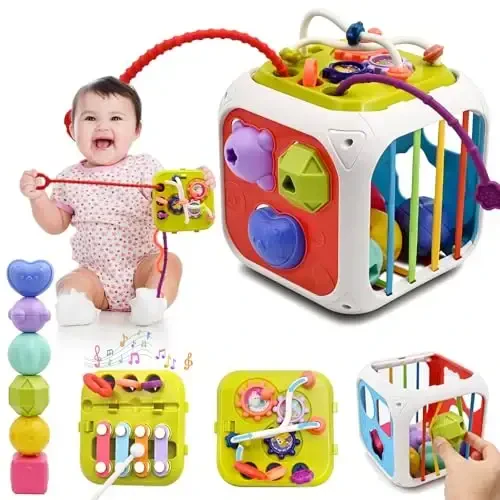 AiTuiTui Multifunction Baby Sensory Montessori Activity Cube Toys, Shape Sorter Early Learning Educational Interactive Toys for Infant Toddlers Boy Girl, Birthday Gifts Christmas Stocking Stuffers - AiTuiTui