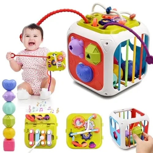 AiTuiTui Multifunction Baby Sensory Montessori Activity Cube Toys, Shape Sorter Early Learning Educational Interactive Toys for Infant Toddlers Boy Girl, Birthday Gifts Christmas Stocking Stuffers - 1
