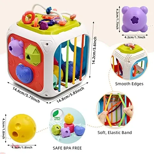 AiTuiTui Multifunction Baby Sensory Montessori Activity Cube Toys, Shape Sorter Early Learning Educational Interactive Toys for Infant Toddlers Boy Girl, Birthday Gifts Christmas Stocking Stuffers - 4