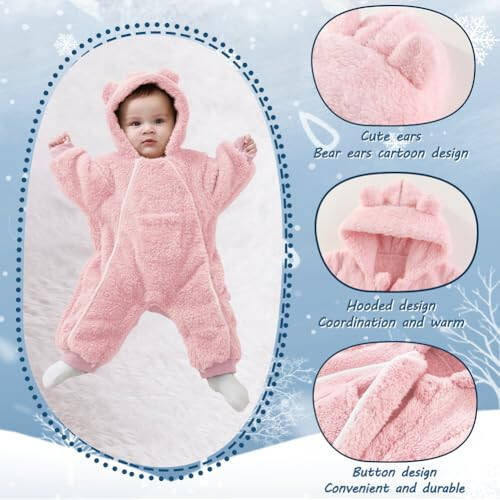 AiWMGL Newborn Baby Bear Onesie Outfit Suit Girls Boys Fleece Jumpsuit Romper Hooded Coat Winter Clothes Outwear Snowsuit - 4