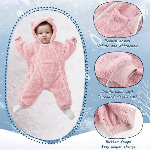 AiWMGL Newborn Baby Bear Onesie Outfit Suit Girls Boys Fleece Jumpsuit Romper Hooded Coat Winter Clothes Outwear Snowsuit - 5