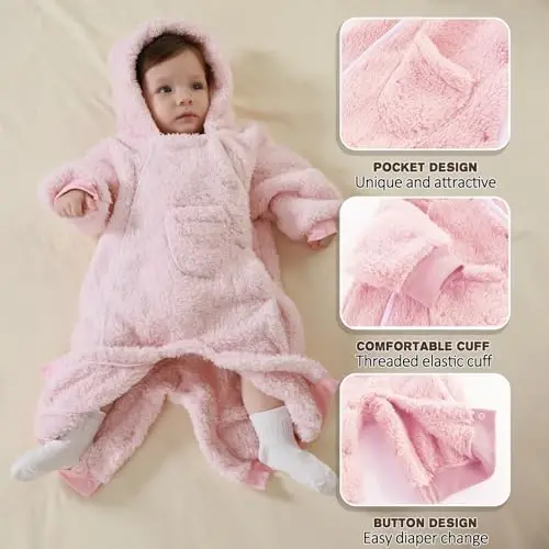 AiWMGL Newborn Baby Bear Onesie Outfit Suit Girls Boys Fleece Jumpsuit Romper Hooded Coat Winter Clothes Outwear Snowsuit - 5