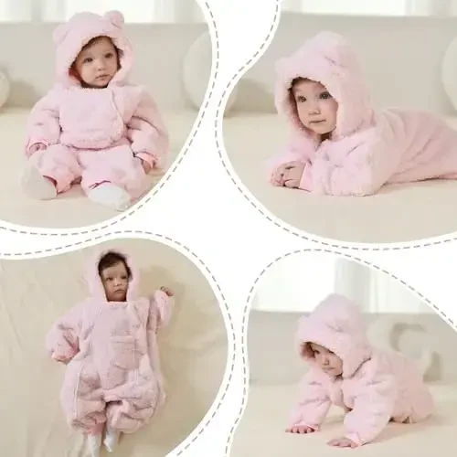 AiWMGL Newborn Baby Bear Onesie Outfit Suit Girls Boys Fleece Jumpsuit Romper Hooded Coat Winter Clothes Outwear Snowsuit - 6