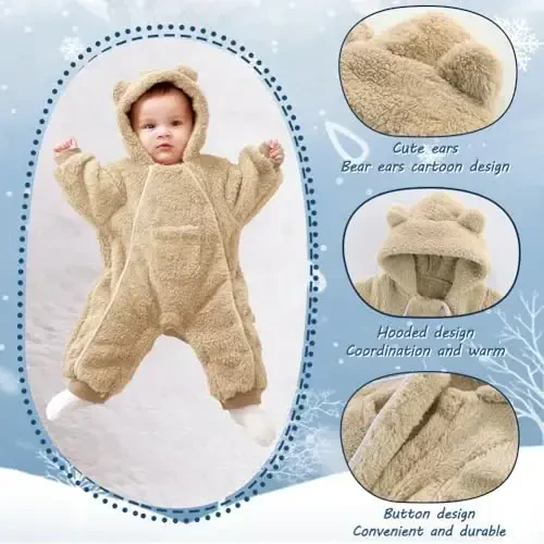 AiWMGL Newborn Baby Bear Outfit Suit Girls Boys Fleece Jumpsuit Romper Hooded Coat Winter Clothes Outwear Snowsuit - 4
