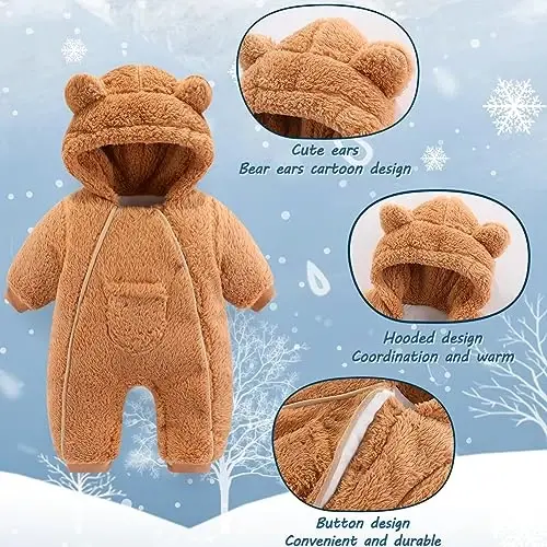 AiWMGL Newborn Baby Bear Outfit Suit Girls Boys Fleece Jumpsuit Romper Hooded Coat Winter Clothes Outwear Snowsuit - 5