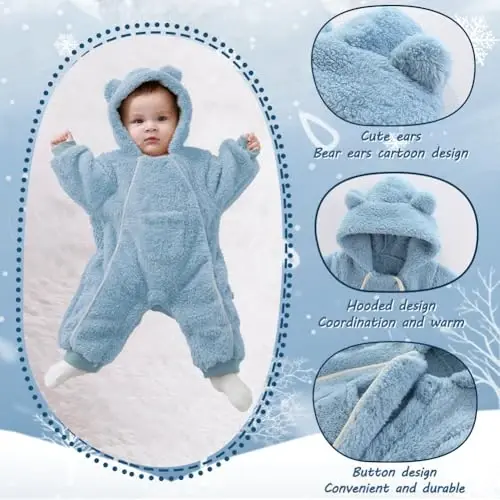 AiWMGL Newborn Baby Bear Outfit Suit Girls Boys Fleece Jumpsuit Romper Hooded Coat Winter Clothes Outwear Snowsuit - 4