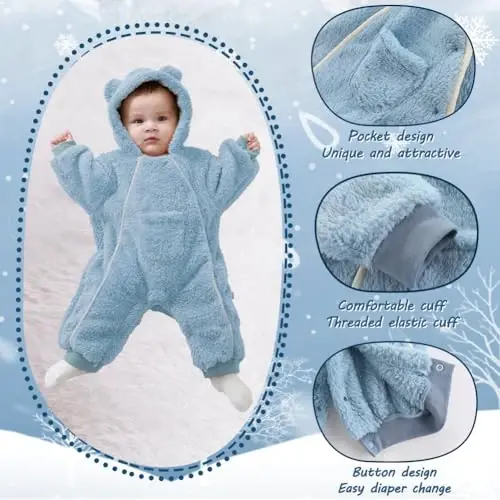 AiWMGL Newborn Baby Bear Outfit Suit Girls Boys Fleece Jumpsuit Romper Hooded Coat Winter Clothes Outwear Snowsuit - 5