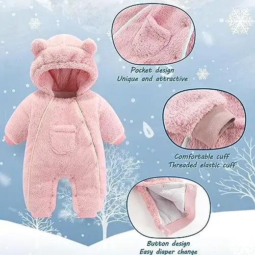 AiWMGL Newborn Baby Bear Outfit Suit Girls Boys Fleece Jumpsuit Romper Hooded Coat Winter Clothes Outwear Snowsuit - 4