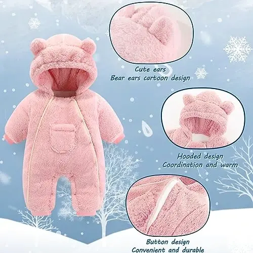 AiWMGL Newborn Baby Bear Outfit Suit Girls Boys Fleece Jumpsuit Romper Hooded Coat Winter Clothes Outwear Snowsuit - 5