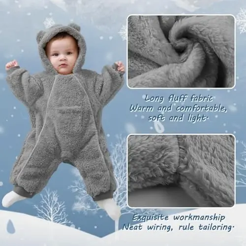 AiWMGL Newborn Baby Bear Outfit Suit Girls Boys Fleece Jumpsuit Romper Hooded Coat Winter Clothes Outwear Snowsuit - 3