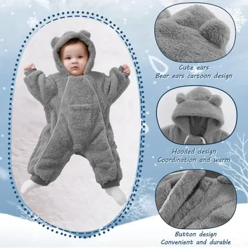 AiWMGL Newborn Baby Bear Outfit Suit Girls Boys Fleece Jumpsuit Romper Hooded Coat Winter Clothes Outwear Snowsuit - 4