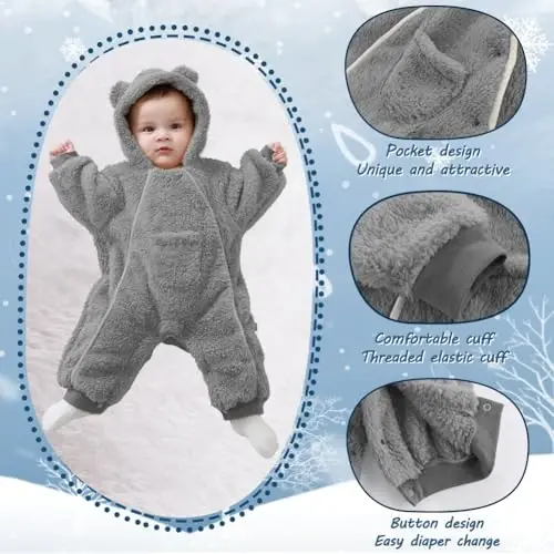 AiWMGL Newborn Baby Bear Outfit Suit Girls Boys Fleece Jumpsuit Romper Hooded Coat Winter Clothes Outwear Snowsuit - 5