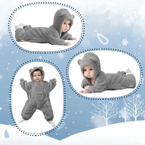 AiWMGL Newborn Baby Bear Outfit Suit Girls Boys Fleece Jumpsuit Romper Hooded Coat Winter Clothes Outwear Snowsuit - 6