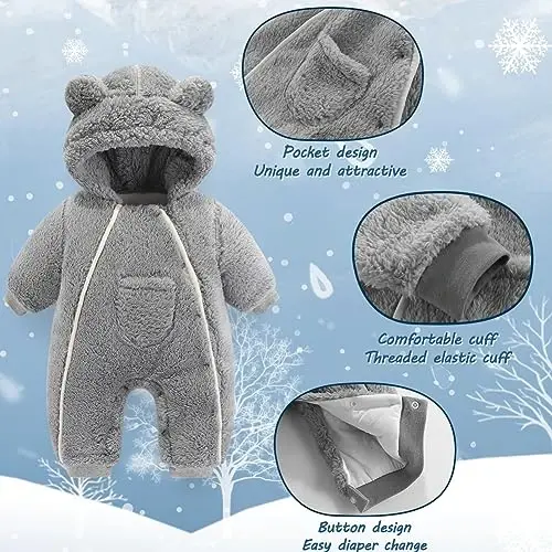 AiWMGL Newborn Baby Bear Outfit Suit Girls Boys Fleece Jumpsuit Romper Hooded Coat Winter Clothes Outwear Snowsuit - 3