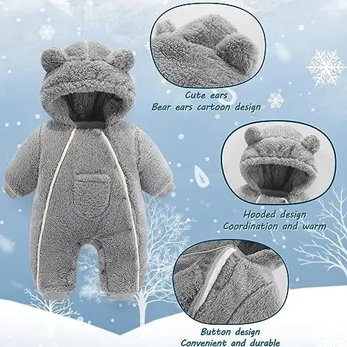 AiWMGL Newborn Baby Bear Outfit Suit Girls Boys Fleece Jumpsuit Romper Hooded Coat Winter Clothes Outwear Snowsuit - 4