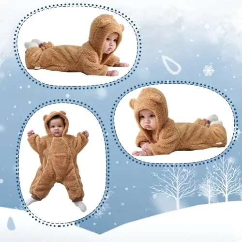 AiWMGL Newborn Baby Bear Outfit Suit Girls Boys Fleece Jumpsuit Romper Hooded Coat Winter Clothes Outwear Snowsuit - 6